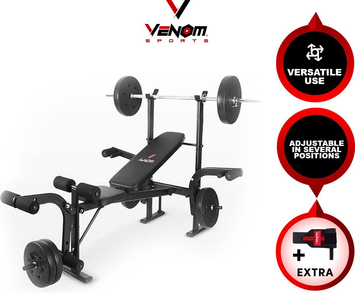 Venom Sports halterbank – Fitnessbank – Verstelbare rugleuning – Uiterst geschikt voor gewichten – Incl. Beenhouder – Zachte handgrepen – PU kussens – Triangel structuur – Inklapbaar - Zwart - 182x116x112cm