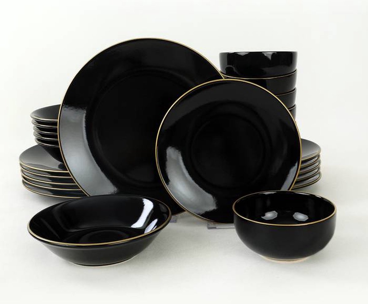 Asir Serviesset - Dinerset (24 Stuks). Zwart/Goud - Serveerbord: 26 cm (6 stuks) Bord: 18 cm (6 stuks) Neemt geen water op Antibacterieel Eenvoudig te reinigen Materiaal Bestand tegen thermische schokken Oppervlaktehardheid 100% KERAMISCH AARDEWERK