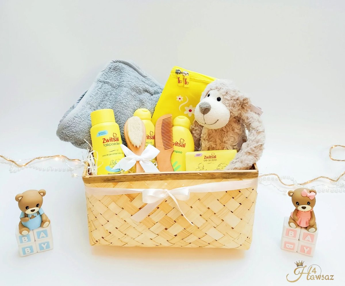 Kraamcadeau voor Meisje en Jongen 10 stuks - Hawsaz.nl Cadeau - Genderneutraal kraamcadeau - Geschenkset unisex - Babygeschenkset - Babyshower -Baby Knuffel - Gepersonaliseerde cadeaus - Badcape - Zwitsal Babyverzorging - tweeling