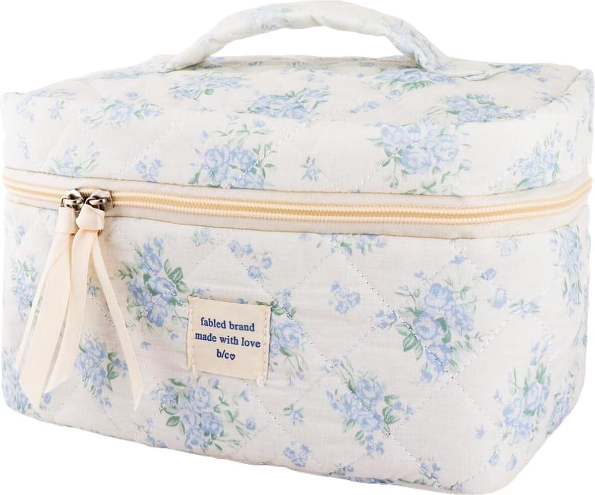 Gewatteerde Katoenen Make-up Tas - Blauwe Bloemen Reizen Cosmetische Tas Grote Esthetische Tas met Compartimenten voor Dames Meisjes Toilettas Organisator Blauw Groot