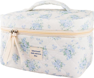 Gewatteerde Katoenen Make-up Tas - Blauwe Bloemen Reizen Cosmetische Tas Grote Esthetische Tas met Compartimenten voor Dames Meisjes Toilettas Organisator Blauw Groot