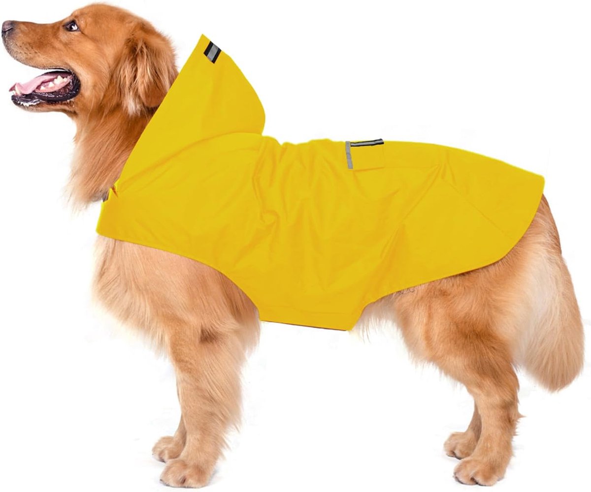 Hondenregenjas met capuchon, kraaggat en veilige reflecterende strepen, ultralicht, ademend, 100% waterdichte regenjas voor middelgrote tot grote honden, geel, 4XL