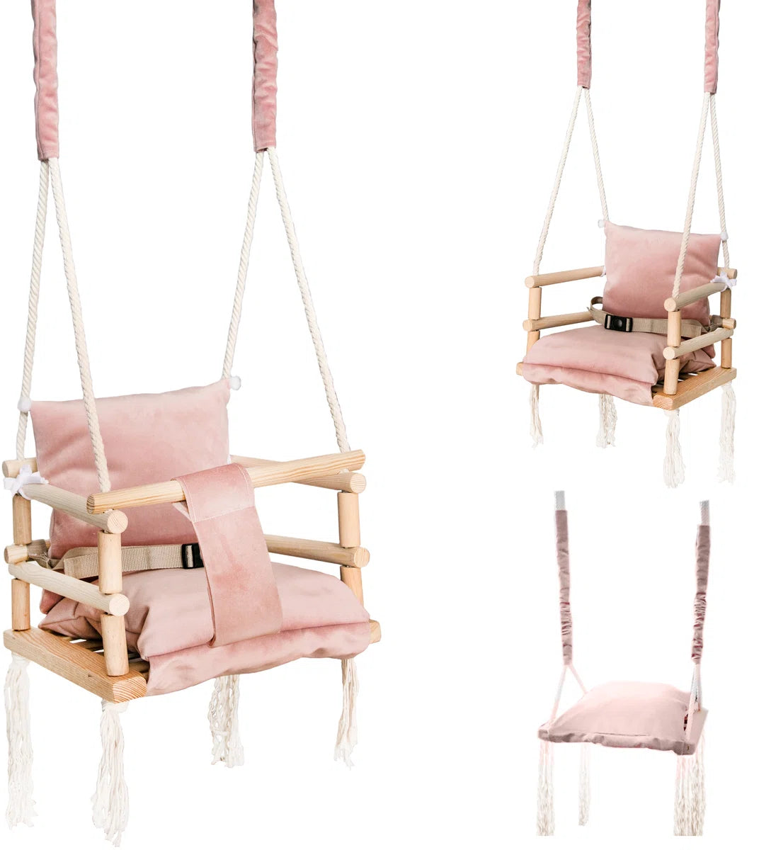Babyschommel Babyzitje - Stof Hout - Babyschommel Binnen - kinderschommel - Schommel Baby Zitje - Schommelzitjes - Schommelstoel - Roze