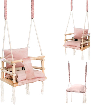 Babyschommel Babyzitje - Stof Hout - Babyschommel Binnen - kinderschommel - Schommel Baby Zitje - Schommelzitjes - Schommelstoel - Roze