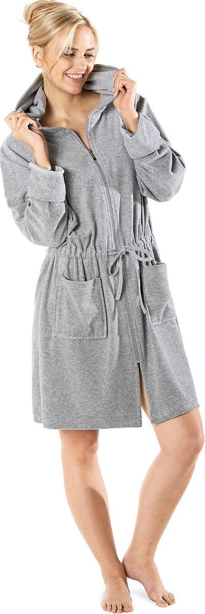 Rits badjas dames kort – met capuchon – lichtgewicht – dun – sauna - grijs - maat L