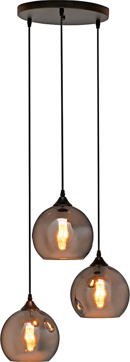 Hanglamp 3-Lichts Bol | Rookglas | Industrieel | Woonkamer | Eetkamer | Smoke | Zwart