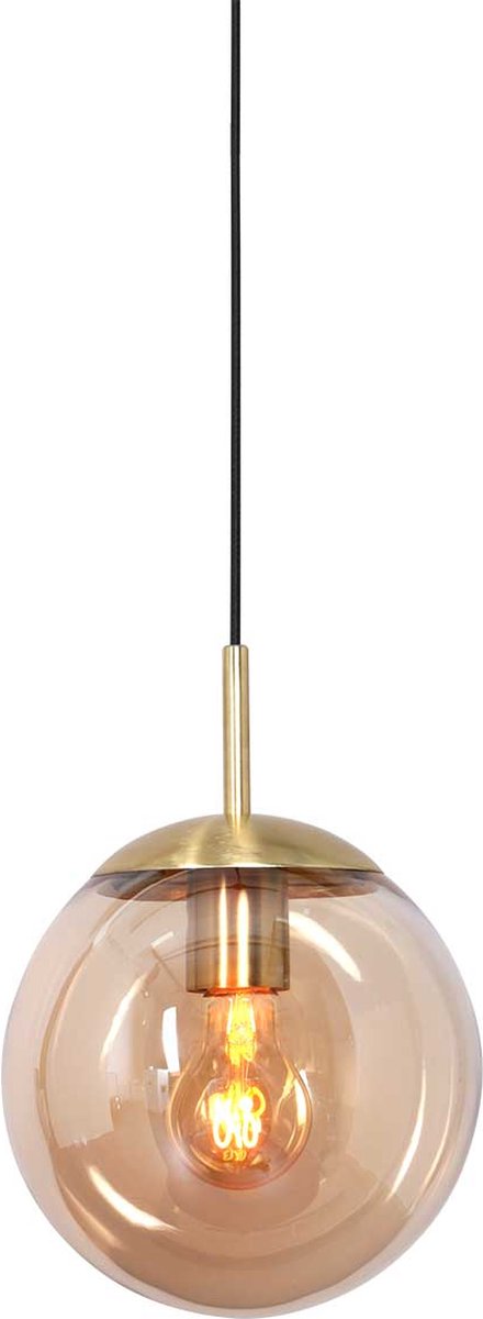 Hanglamp glazen bol | 1 lichts | amber / goud / zwart | glas / metaal | Ø 25 cm | in hoogte verstelbaar tot 170 cm | eetkamer / eettafel lamp | modern / sfeervol design
