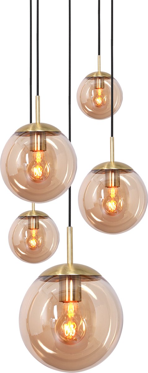 Glazen vide hanglamp Bollique | 5 lichts | amber / goud / zwart | glas / metaal | 350 cm lang | Ø 60 cm | eettafel lamp | modern / sfeervol design