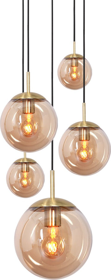 Glazen vide hanglamp Bollique | 5 lichts | amber / goud / zwart | glas / metaal | 350 cm lang | Ø 60 cm | eettafel lamp | modern / sfeervol design