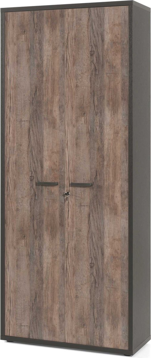 Hoge dichte kantoorkast Roland Zwart - Vintage - Breedte 90 cm - Hoogte 216 cm - Diepte 40 cm - Met planken - Met openslaande deuren