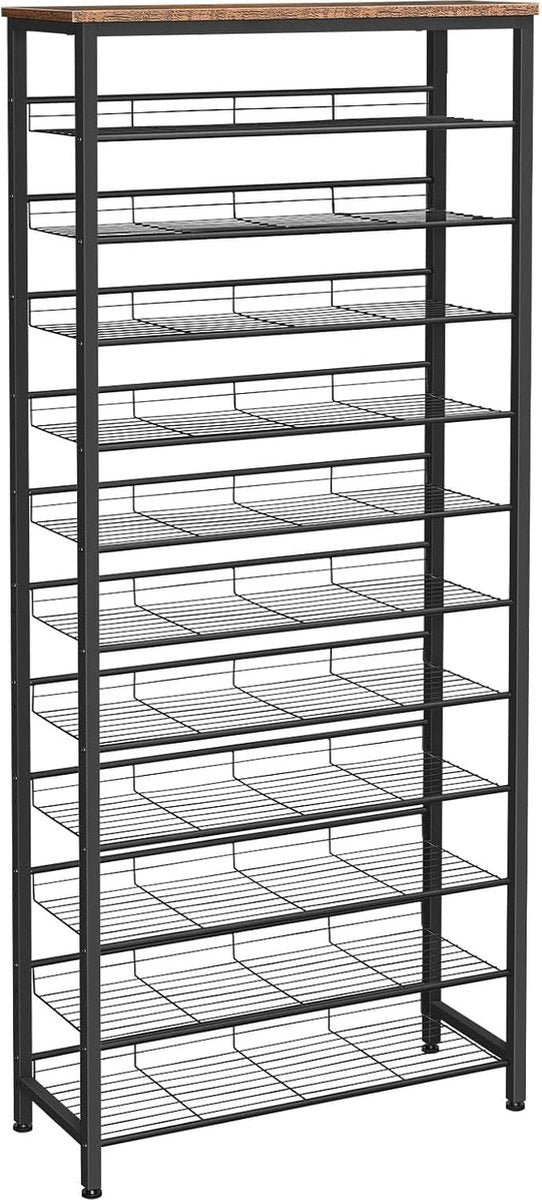 Groot schoenenrek, 12 etages, schoenenkast hoog, voor 35-45 paar schoenen, met schuine roosterplanken, metalen frame, voor hal, garderobe, ingang, donkerbruin zwart