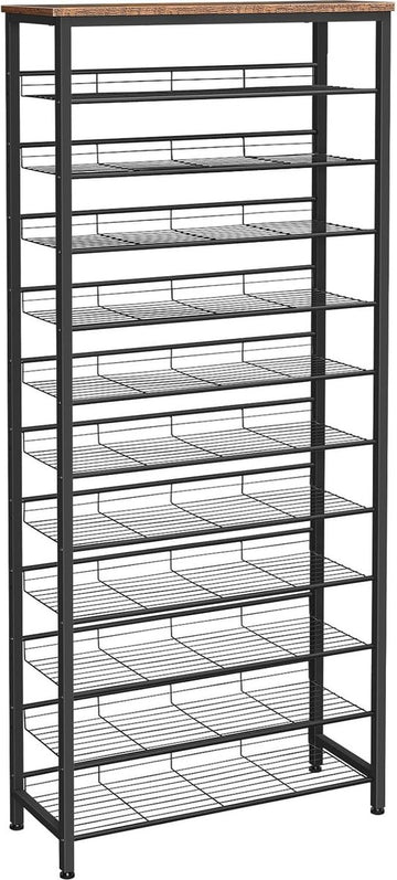 Groot schoenenrek, 12 etages, schoenenkast hoog, voor 35-45 paar schoenen, met schuine roosterplanken, metalen frame, voor hal, garderobe, ingang, donkerbruin zwart
