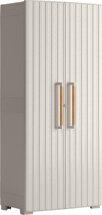 Keter Groove kast voor buiten deuren met houtlook - Beige/Zand, 80 x 45 x 180 cm