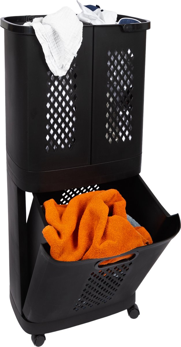 Eleganca 3-in-1 Wasmand Zwart 124 Liter – D31 x B44 x H90 cm – Wasmand 3 vakken – Wassorteerder – Kunststof – Afneembare manden - Wasmand op Wielen - Zwart