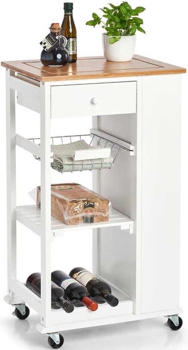 Keuken trolley/kastje met uitschuifbare mandjes, wijnrek en plankjes aan de zijkant 50 x 86 cm - Woondecoratie - Keuken accessoires/benodigdheden - Bijzetkastjes - Trolleys