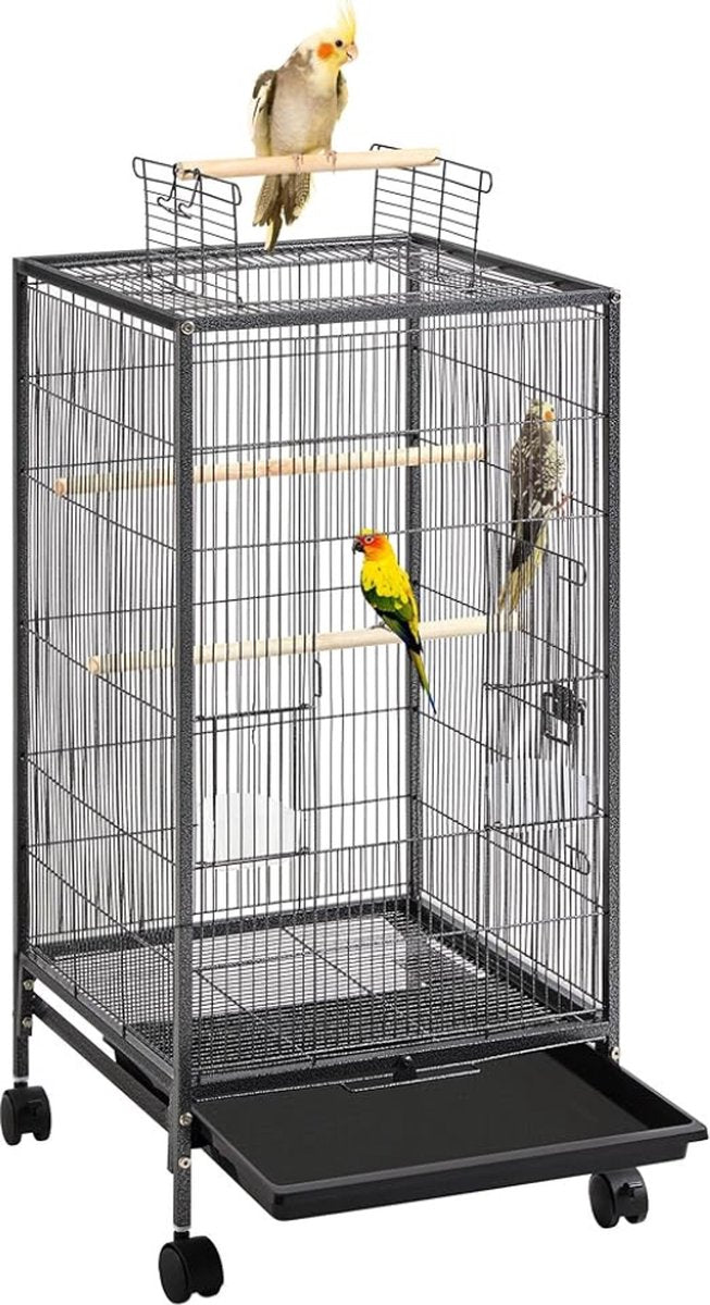 Papegaaienkooi – 3-IN-1 - Parkietenkooi Op Voet & Wieltjes – Grote Vogelkooi Voor Binnen – Vogelkooien – Vogel Speelgoed - Voliere – 45x45x100 Cm - Zwart