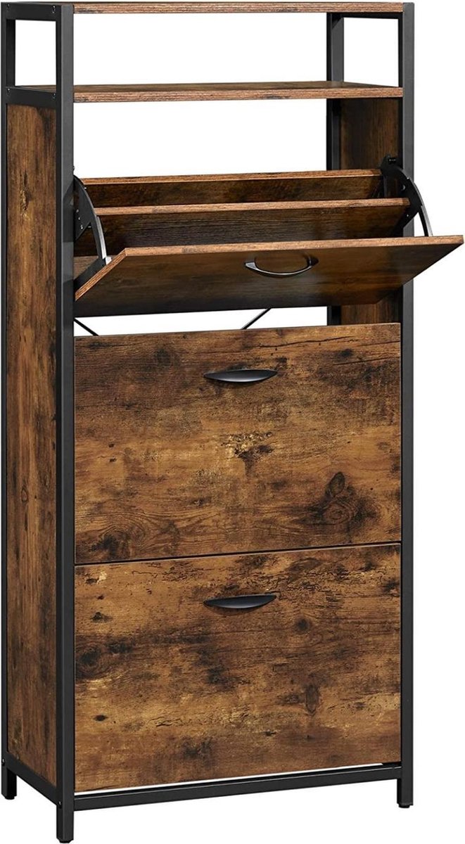 Schoenenkast, schoenenrek, met 3 kleppen, schoenopslag, voor 15-18 paar schoenen, 60 x 30 x 130 cm, vintage bruin-zwart