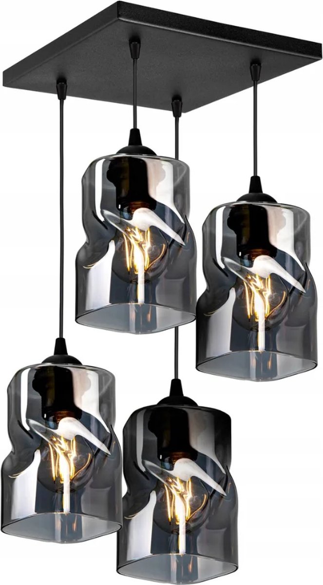Hanglamp Industrieel Smoke / Zwart - 4-lichts - Vierkante montageplaaat - Glas - Hanglampen Eetkamer, Slaapkamer, Woonkamer 'TwistLux'