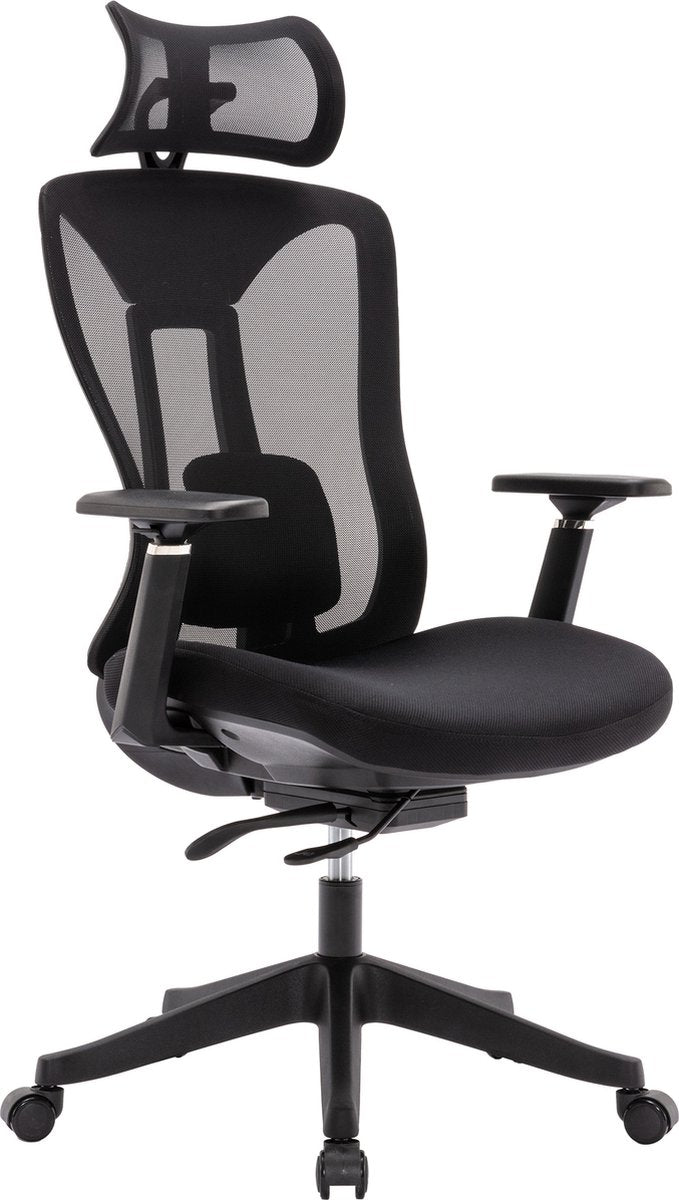 Ergonomische Bureaustoel - Bureaustoel - Verstelbare Hoofdsteun - Zwart - Hoogteverstelling 117-125cm - Draaibare bureaustoel - Met wielen