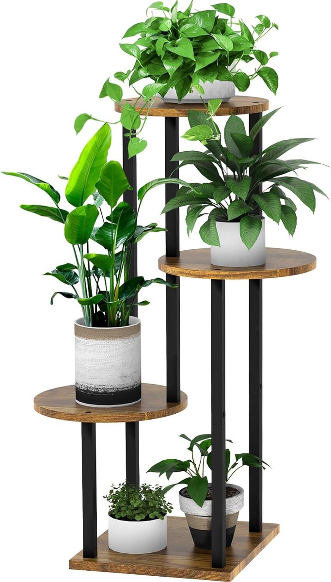 4-laags houten bloemenplank, metalen plantenplank, meerlaagse bloemenstandaard, plantenstandaard, bloemenbank, bloementrap, plantentrap, standaardplank voor binnen, buiten, tuin, balkondecoratie (rond zwart)