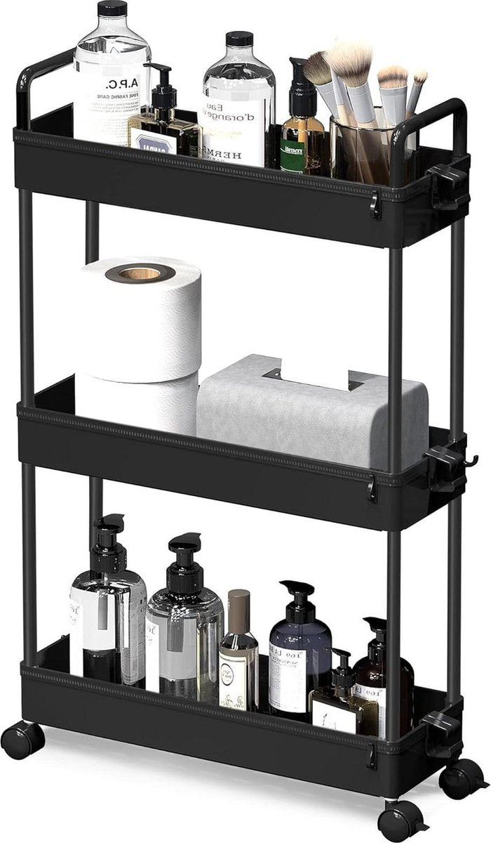 Opbergtrolley kar - 3-laags Uitschuifbaar - Zwart - Keuken Badkamer Slaapkamer Wasmachine rek