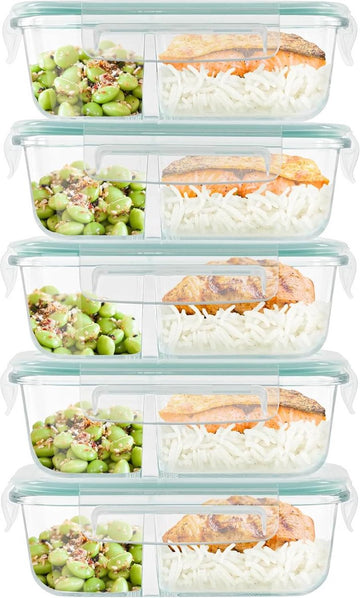 Glazen Maaltijd Prep Containers - 2 Compartimenten & Deksels - Voedselgraad BPA-vrij - Lekbestendig & luchtdicht - Magnetron Vriezer Vaatwasserbestendig (5 Pak) Meal prep bakjes