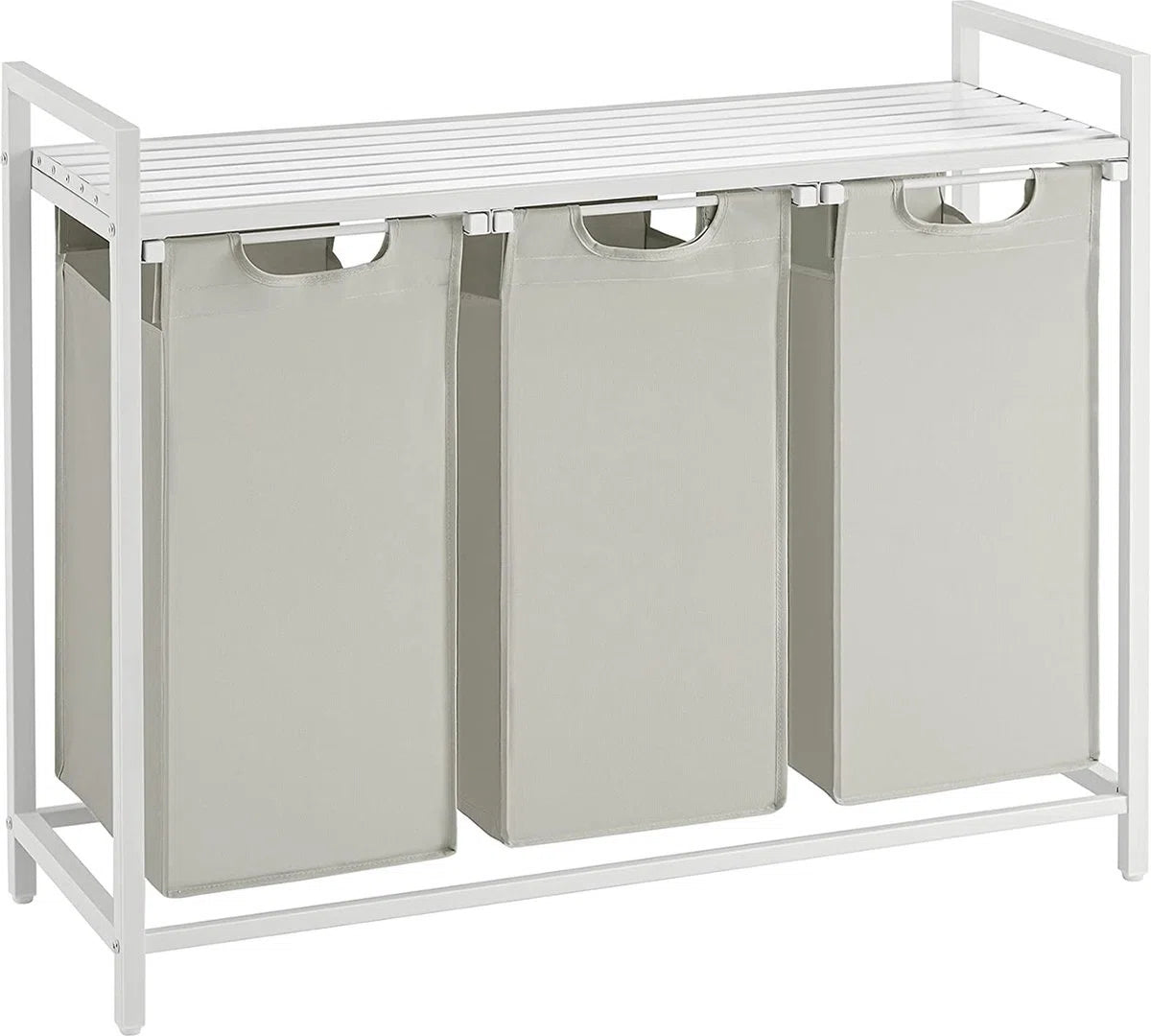 Wasmand 3 vakken – wassorteerder - uitschuifbaar met plank - 92.5 x 33 x 71 cm – wasmand - 168 L verdeeld over 3 zakken – wasmanden – wasmand wit metaal - wit hout