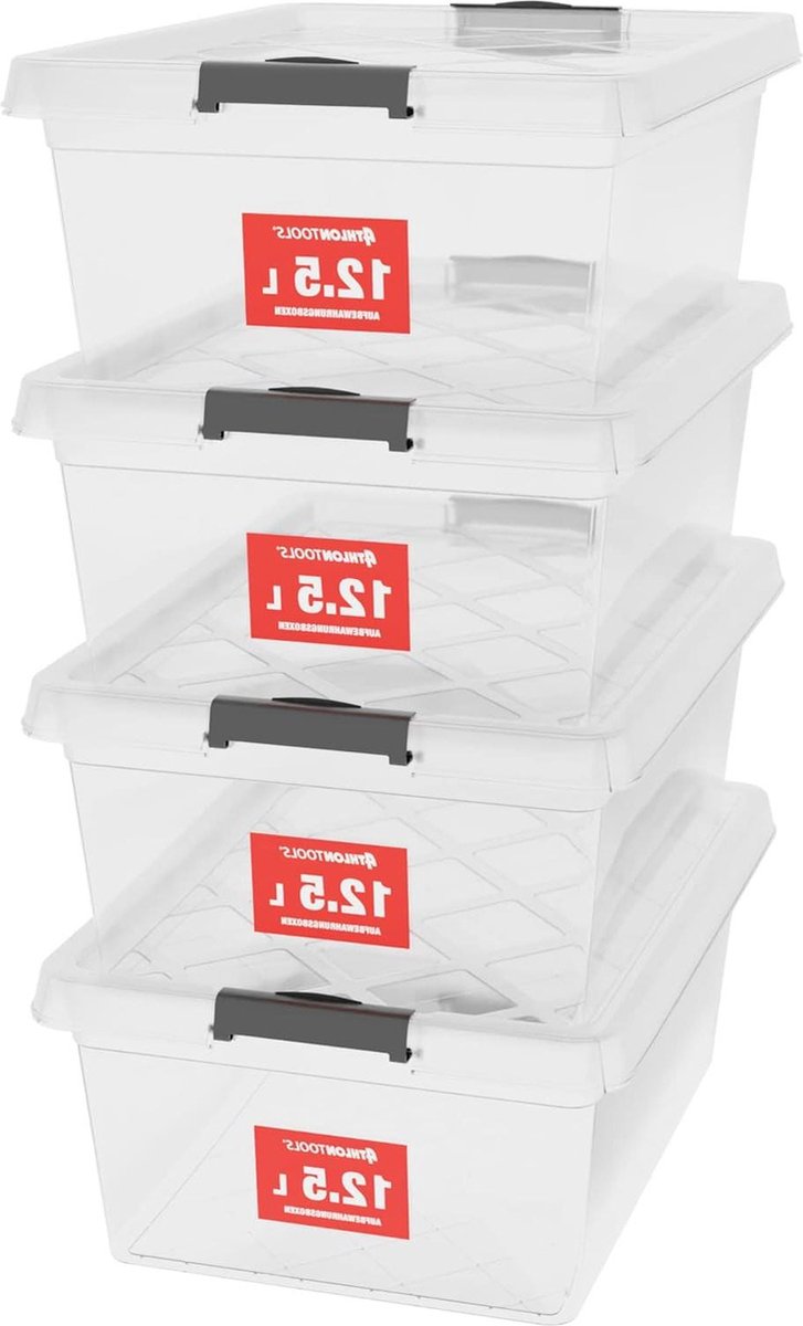 Opbergdozen 4x 125 L met deksel voedselveilig - Sluitclips - Plastic doos transparant - Kledingdozen stapelbaar transparent box