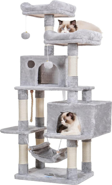 Krabpaal, kattenboom voor grote katten, stabiel met sisaltouw, 2 grote huizen, 2 platforms, lichtgrijs