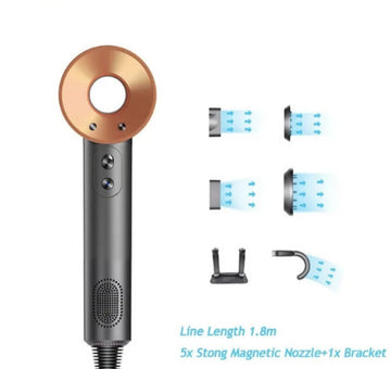 Föhn met Diffuser - Ionische Haardroger - Hair Dryer - Professionele Haar Droger - Rijk uitgerust - Inclusief 6 accessoires - 3 Standen - Goud