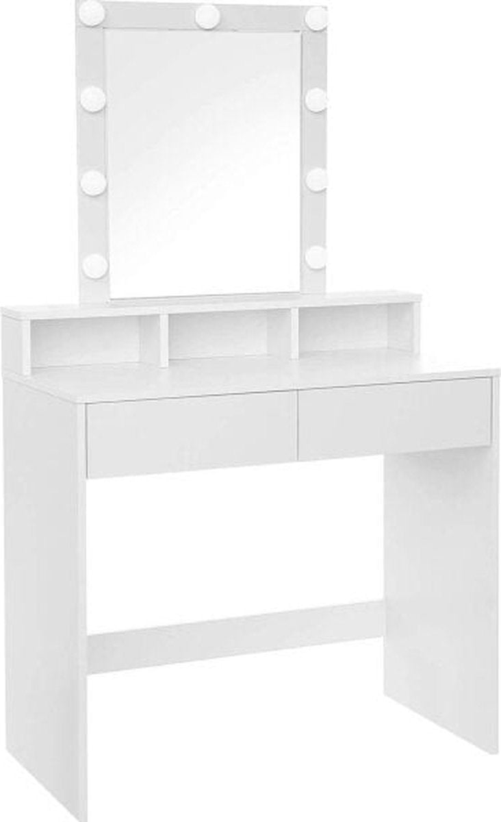 ZaZa Home & Office - kaptafel met spiegel en gloeilampen - cosmetische tafel - 2 lades - 3 open vakken - wit