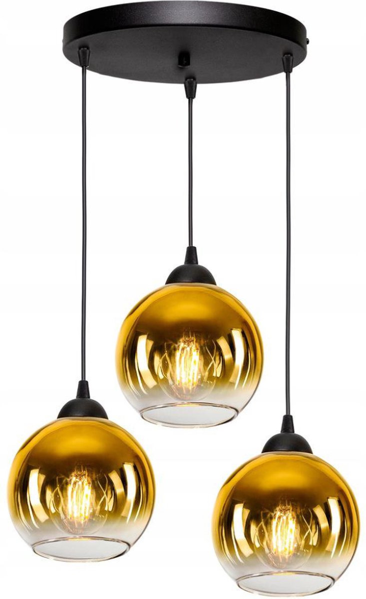 Hanglamp Industrieel voor Woonkamer, Eetkamer - Smoking Glas - 3-lichts - 3 bollen - Goud Glas