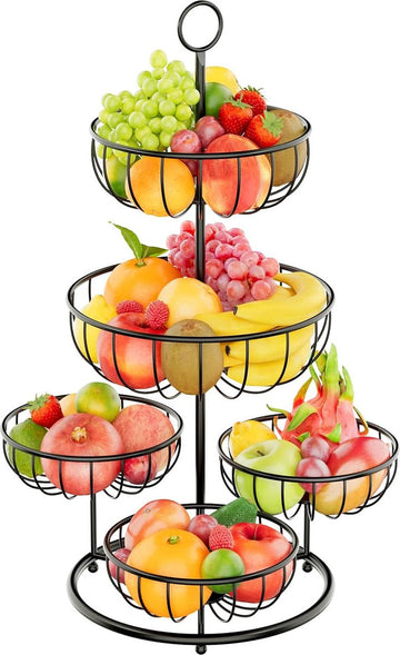 5-laags fruitmand fruittaartstandaard, metalen fruitschaal fruittaartrek voor meer ruimte op het werkblad, moderne fruitschaalorganizer fruitopslag voor broodsnacks groenten (zwart)