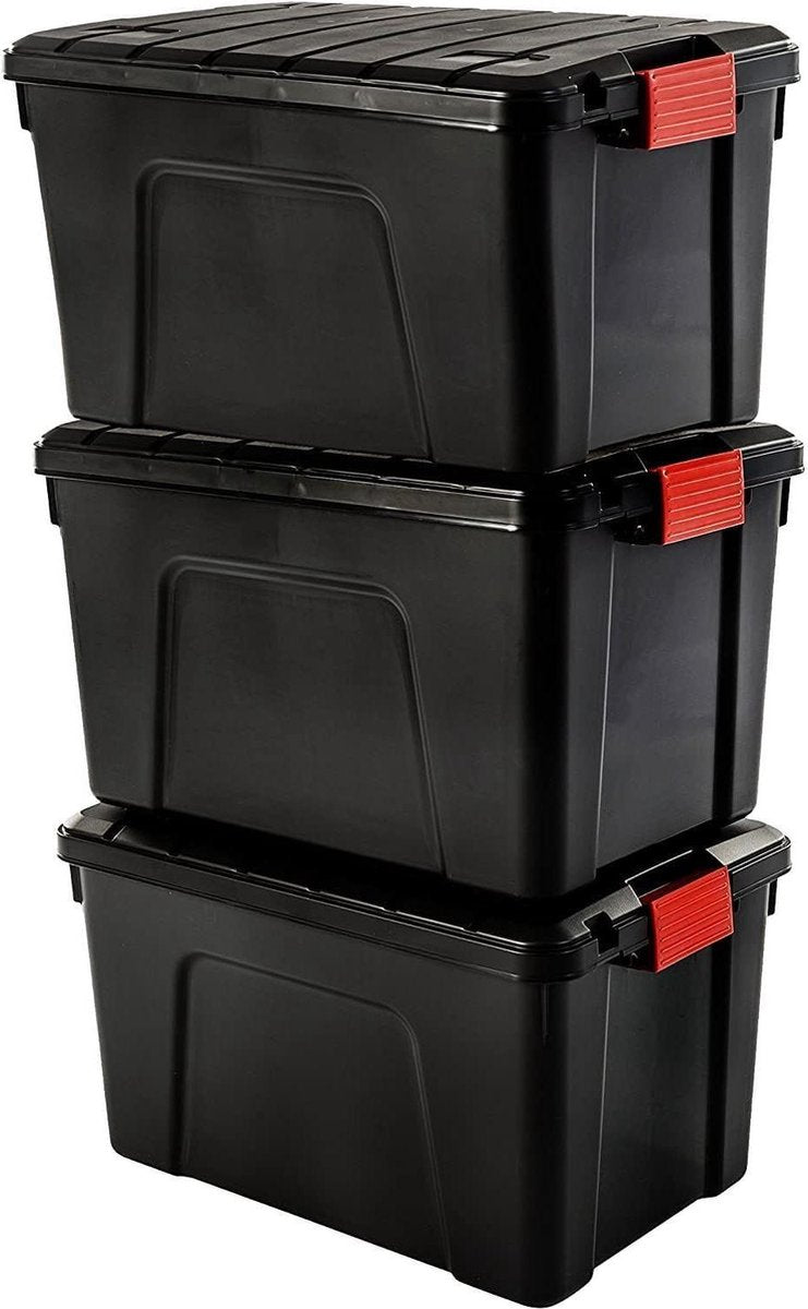 Grote Plastic Opbergorganizer Dozen Met Deksel en Clips Sluiting 60L Set van 3 - Stapelbaar - Ergonomische Handgrepen - BPA-vrij - Voor Zolder Schuur Garage - Zwart transparent box