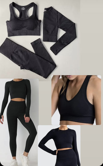 Gymset SOFT - 3delig - Zwart - Maat M - Fitness Kleding - Sportoutfit - Sportlegging - Sporttop - Fitness set - Fitness legging en top - Gymlegging en top - Yoga set - Yogalegging en top
