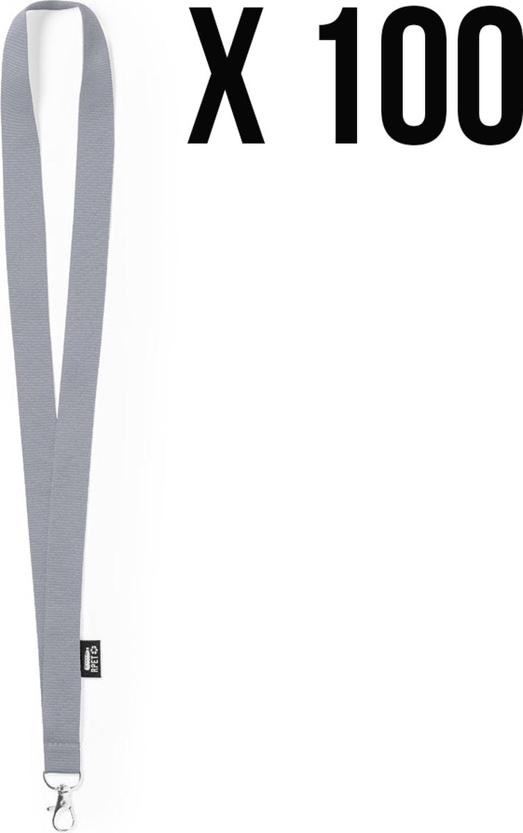 RPET keycord, 100 stuks - Lanyard - Sleutelkoord - Sleutelhanger - Sleutels - Pashouder - Badgehouder - Grijs