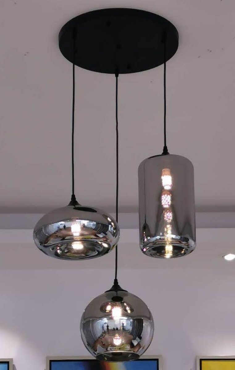 3 lichts hanglamp - smoke glas mix vorm - zwarte ronde ophang plaat 40cm dia