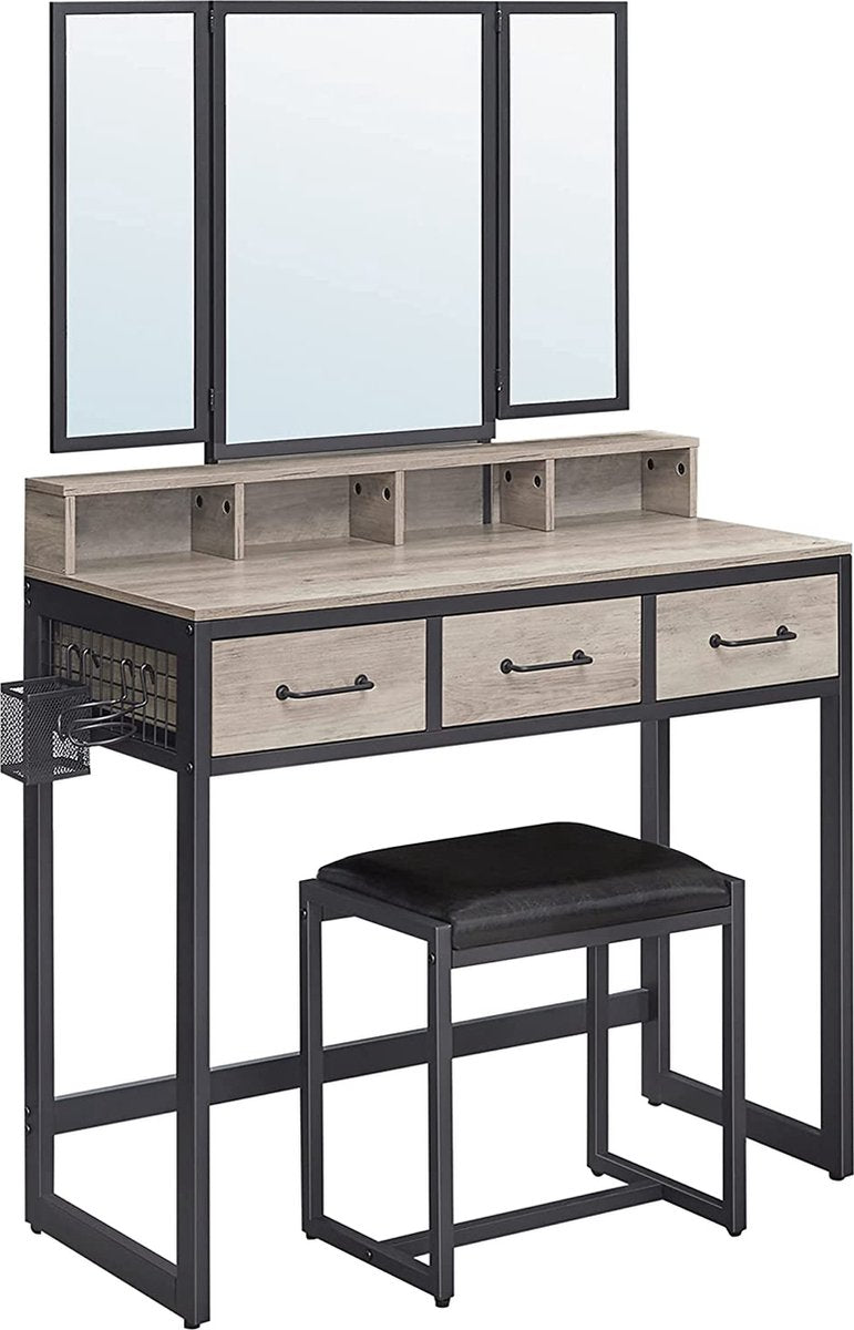 Kaptafel, kaptafel met 3-delige inklapbare spiegel, föhnhouder, make-uptafel met gestoffeerde kruk, 3 laden, industrieel ontwerp, greige-zwart RVT004B02