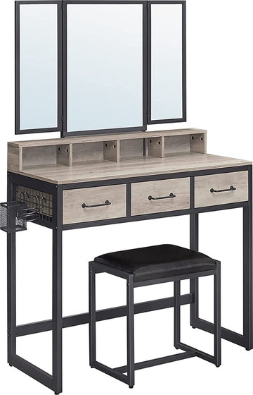 Kaptafel, kaptafel met 3-delige inklapbare spiegel, föhnhouder, make-uptafel met gestoffeerde kruk, 3 laden, industrieel ontwerp, greige-zwart RVT004B02