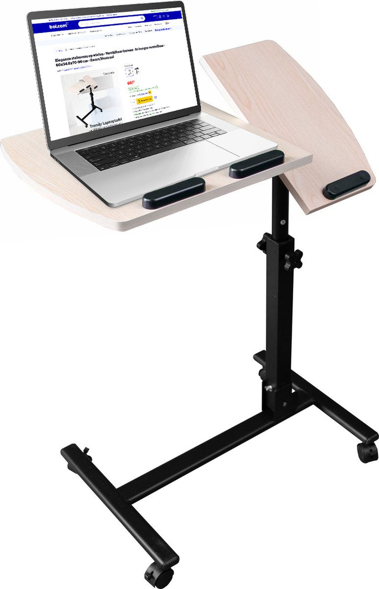 Eleganca stabureau op wielen - Bijzettafel op wielen - Verrijdbaar bureau - In hoogte verstelbaar - 70-90 cm - Zwart/Neutraal