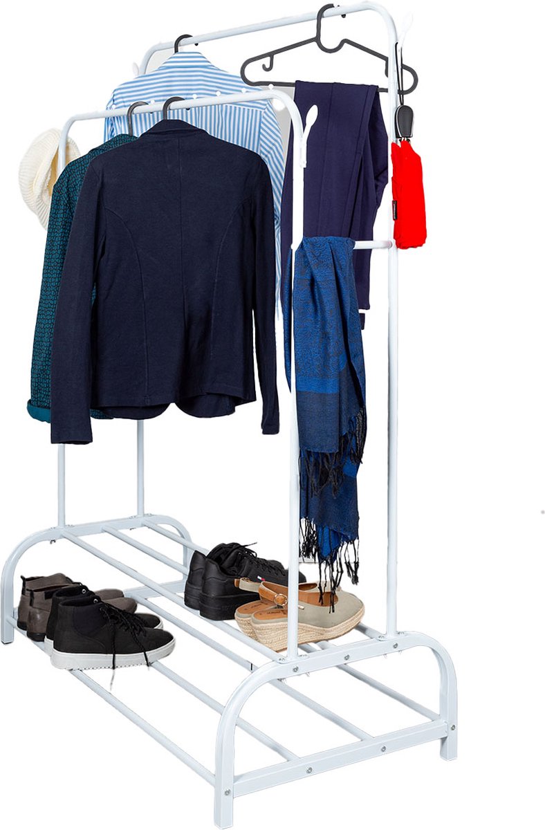 Eleganca Kledingrek – H157 x B110 x D56 cm – Garderoberek – Dressboy - Kledingrek metaal - Stijlvol en Functioneel - voor Kleding, Schoenen en Accessoires - 2 Kledingstangen - met 2 Planken en 4 Haken – Metaal - Wit