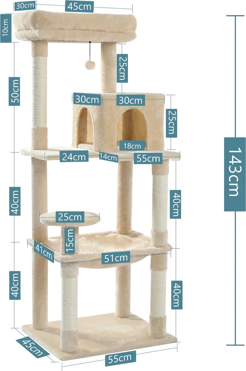 Nique Krabpaal - Krabpaal voor Grote Katten - Kattenboom met Hangmat - Kattenpaal - 143 cm - Beige