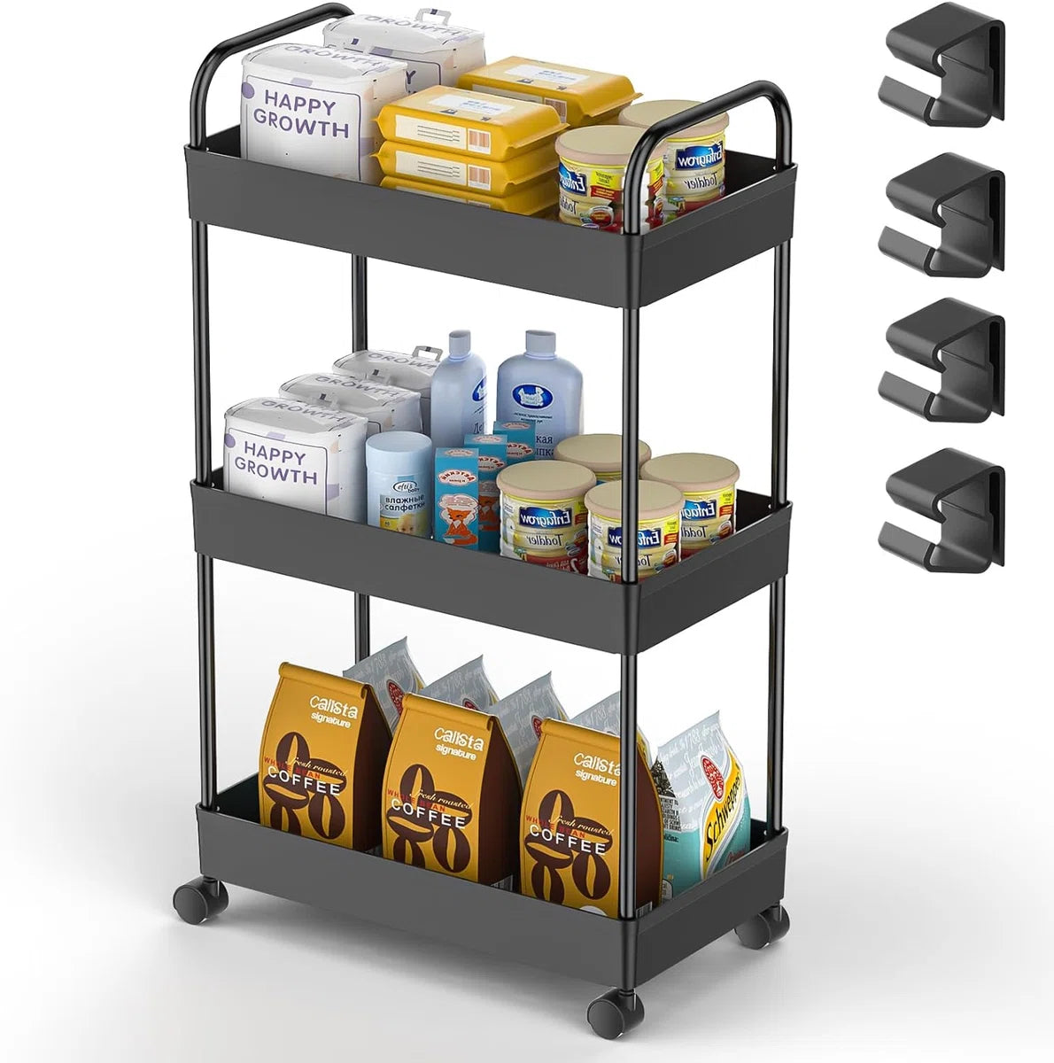keukenwagen met 3 niveaus, serveerwagen, opbergwagen, beweegbare snackwagen, badkamerwagen, multifunctionele trolley met handvat, haken, rolwagen, nisrek op wielen, voor keuken, slaapkamer,