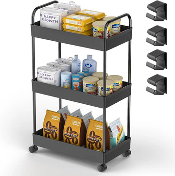 keukenwagen met 3 niveaus, serveerwagen, opbergwagen, beweegbare snackwagen, badkamerwagen, multifunctionele trolley met handvat, haken, rolwagen, nisrek op wielen, voor keuken, slaapkamer,