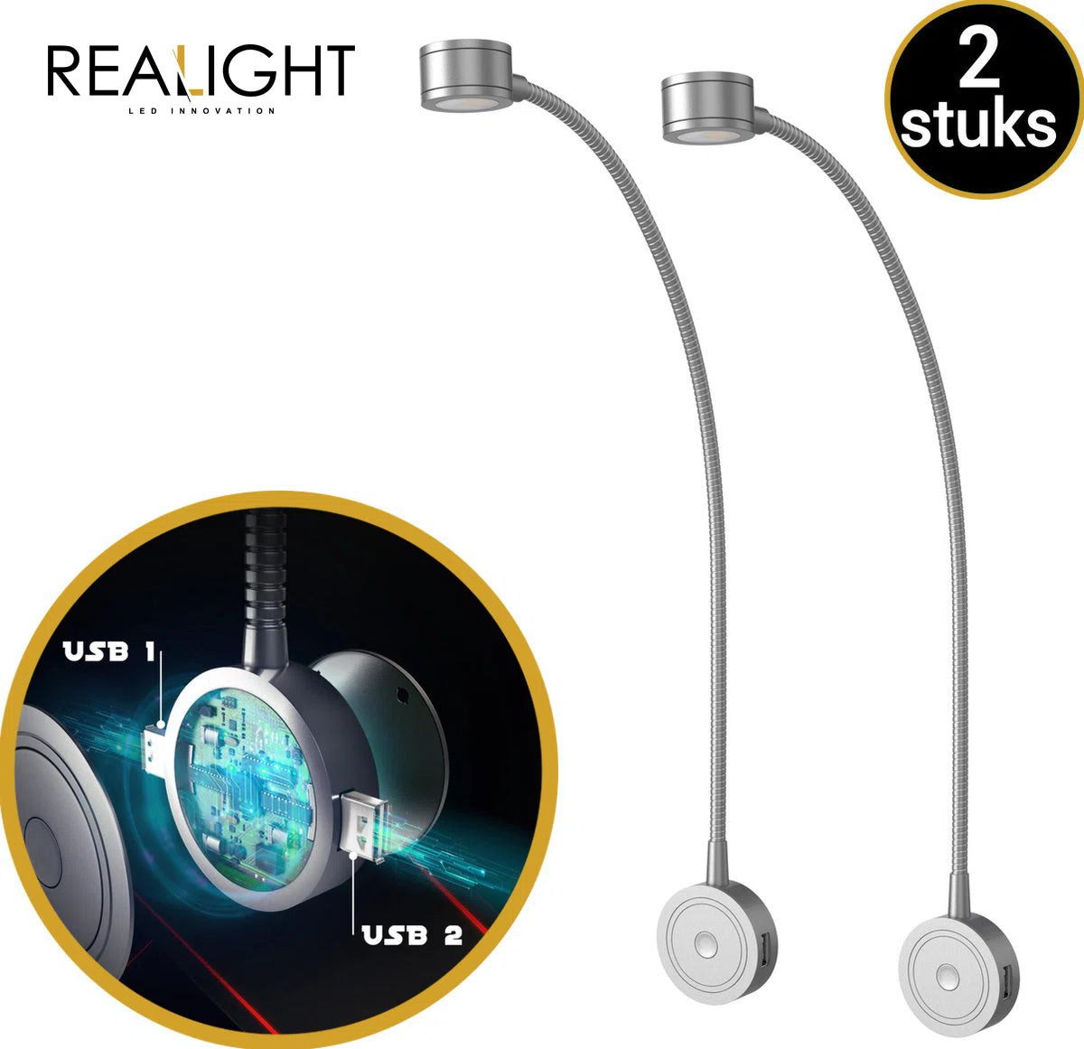 Realight Leeslampje voor in Bed met Dimfunctie - LED bedlampje voor Boek - Hoofdbord nachtlampjes Slaapkamer - 2 USB-poorten - 360° Draaibaar - Aluminium - Zilver 2 Stuks