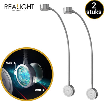 Realight Leeslampje voor in Bed met Dimfunctie - LED bedlampje voor Boek - Hoofdbord nachtlampjes Slaapkamer - 2 USB-poorten - 360° Draaibaar - Aluminium - Zilver 2 Stuks