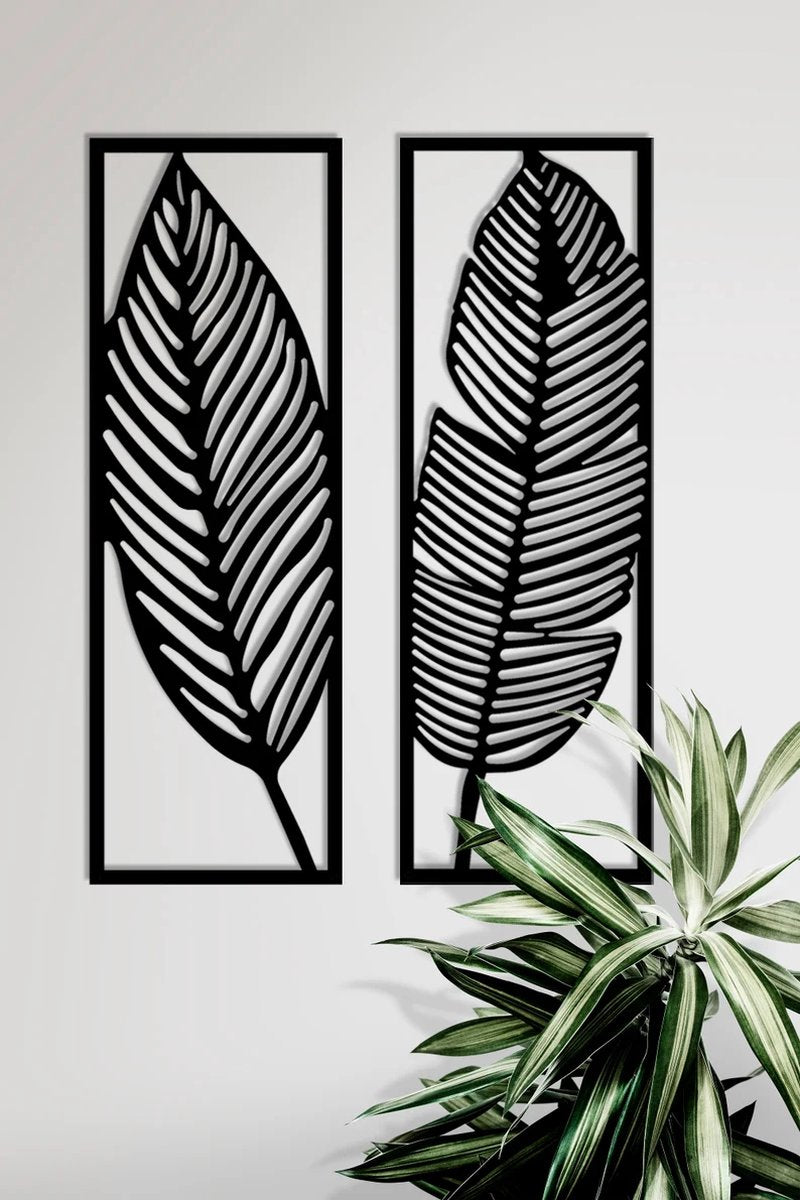 2 stucks XL bladeren modern deco muurdecoratie - Wanddecoratie - Zwart - art - Muurdecoratie - Line art - Wall art - Bohemian - Wandborden - Woonkamer - 75x65cm