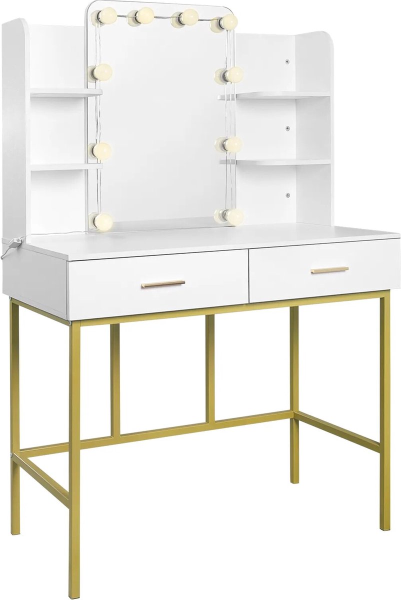 Make Up Tafel - Kaptafel Met Spiegel - Kaptafel met speigel en verlichting - Slaapkamer Luxe - Wit/Goud