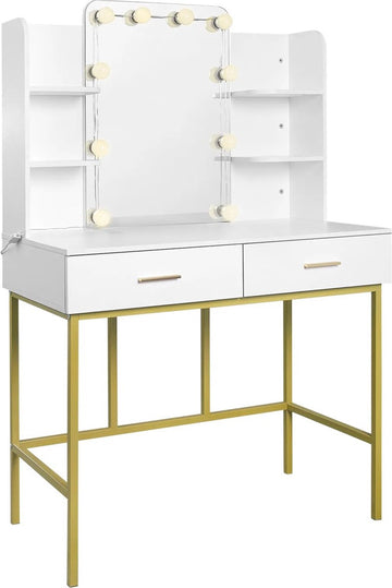 Make Up Tafel - Kaptafel Met Spiegel - Kaptafel met speigel en verlichting - Slaapkamer Luxe - Wit/Goud