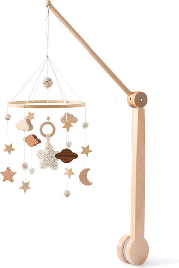 Baby Mobiel Sterren + Luxe 360° Verstelbaar Houten Mobiel Houder - Boxmobiel – Babyshower Cadeau Baby Mobiel – Wieg Mobiel – Kraamcadeau